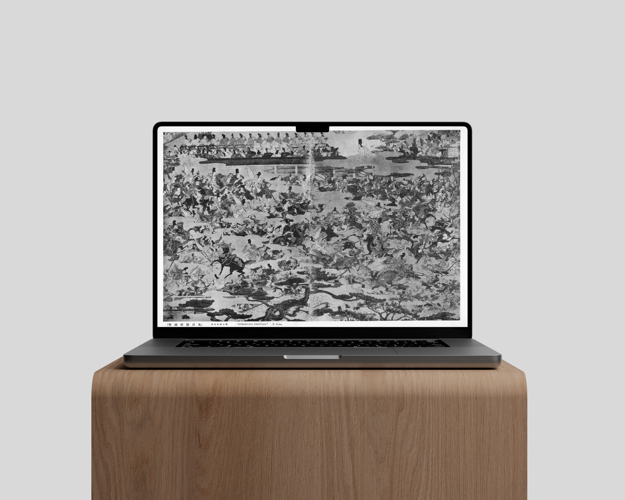 High-detail ukiyo-e battle scene, minimal desk.