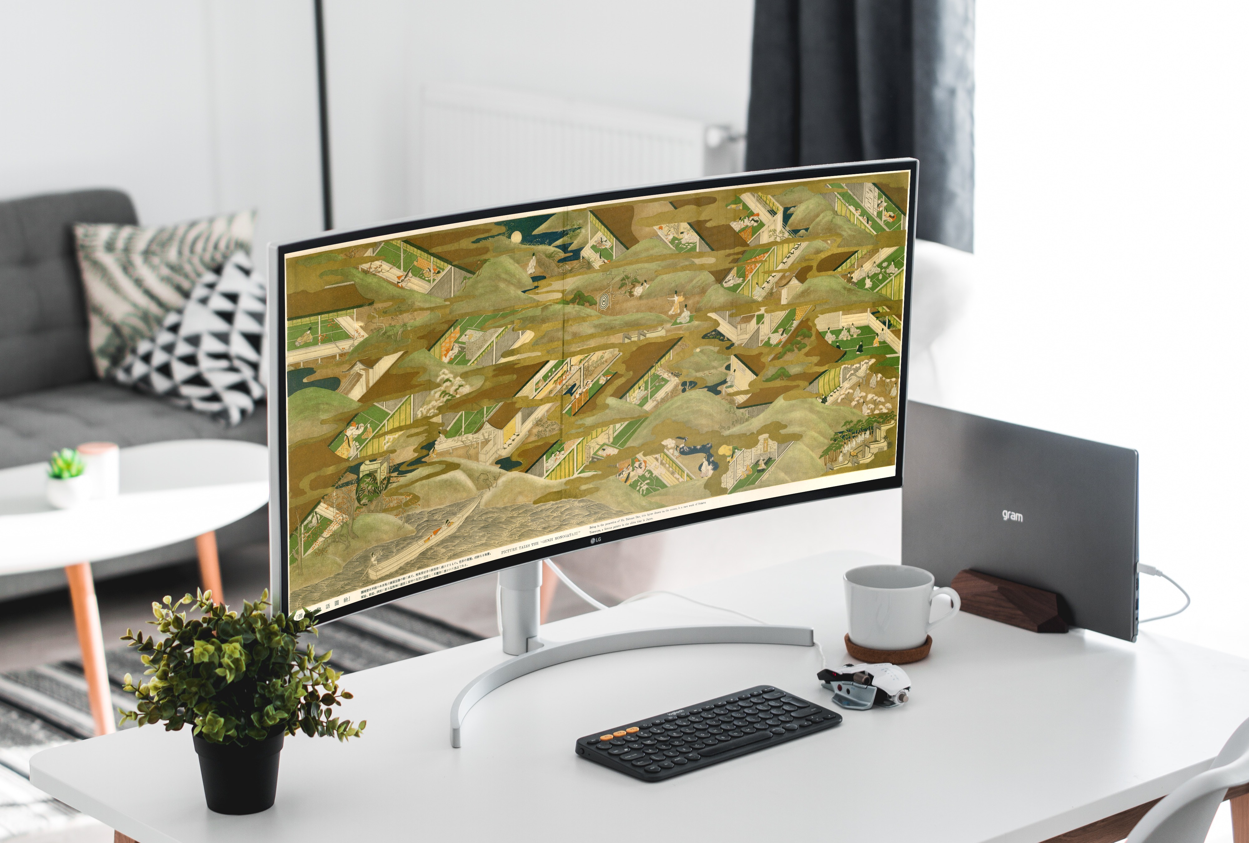 Golden scroll on curved ultrawide, home office.